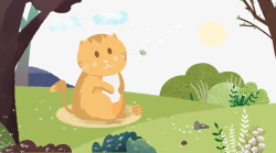 坐在草地卡通手绘森林里的猫咪高清图片