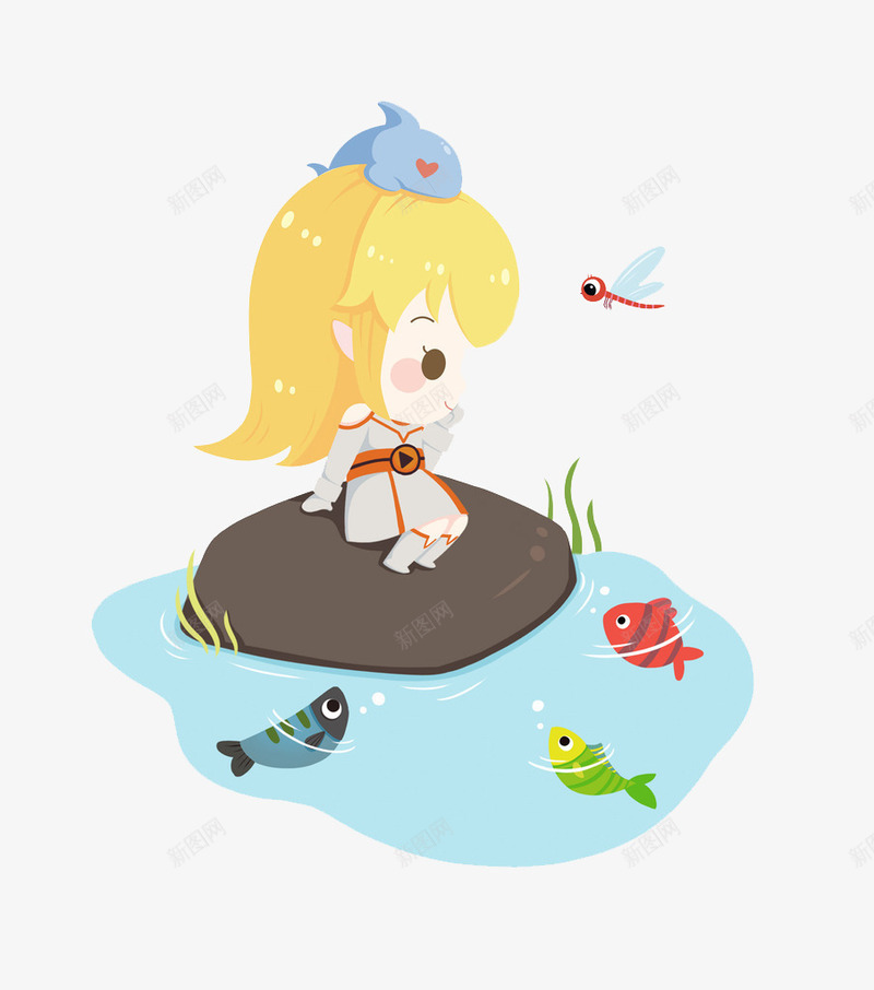 石头上的女孩png免抠素材_新图网 https://ixintu.com 卡通 可爱的 小女孩 小鱼 手绘 简笔 蜻蜓