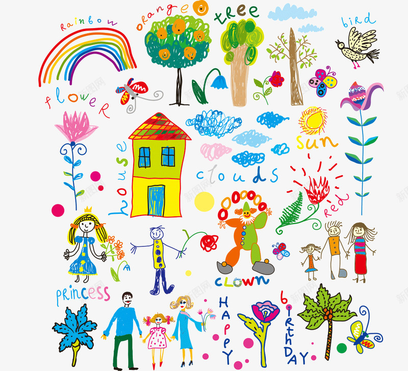手绘卡通元素png免抠素材_新图网 https://ixintu.com 人物 卡通 可爱 小树 彩色 彩虹 手绘 抽象