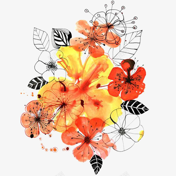 卡通橙色花朵png免抠素材_新图网 https://ixintu.com 卡通 手绘 插画 橙色 水彩 线条 花朵