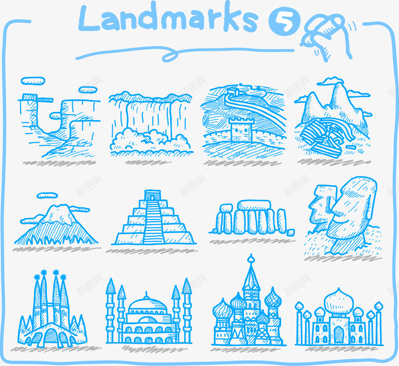 蓝色手绘世界名胜古迹矢量图图标ai_新图网 https://ixintu.com 世界 名胜古迹 图标 手绘 泰姬陵 石像 石头林 矢量图