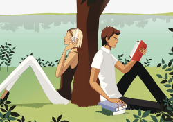 坐在书上的人坐在草地上背靠背的情侣高清图片