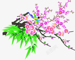 粉色梅花喜鹊中国画中秋素材