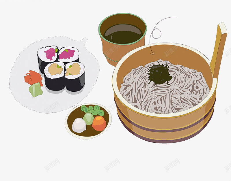 日本料理寿司面套餐png免抠素材_新图网 https://ixintu.com 寿司 日料套餐 日本料理 汤 紫菜卷 荞麦面