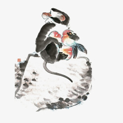 国画桃中国风古典国画猴子抱桃坐在石头高清图片