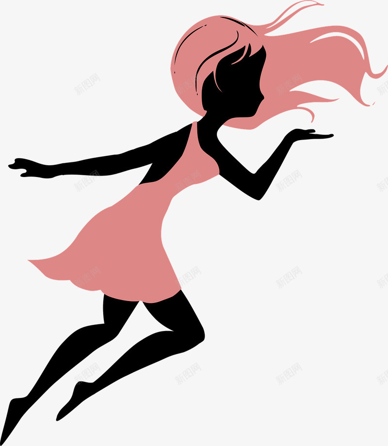 漂亮的女孩png免抠素材_新图网 https://ixintu.com 卡通 简笔 粉红色的头发 身影 连衣裙 黑色