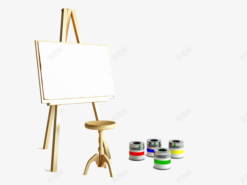 画架颜料png免抠素材_新图网 https://ixintu.com 印象派 圆凳 抽象派 油画 画画支架 颜料 颜料桶