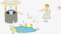 卡通喂鸡的女人水井矢量图素材