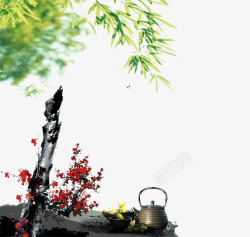 茶具的海报水墨画元素高清图片