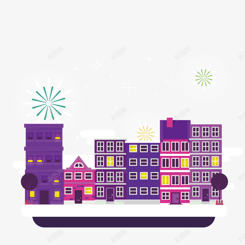 紫色建筑png免抠素材_新图网 https://ixintu.com 建筑 房子 扁平 抽象 树 烟光 紫色 装饰