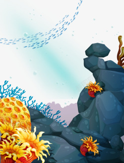 卡通手绘海底生物石头鱼群素材