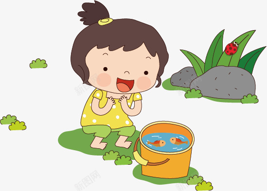 坐在石头上的女孩png免抠素材_新图网 https://ixintu.com 卡通 女孩 水桶 石头 鱼