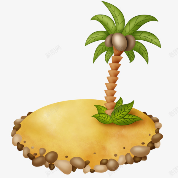 沙滩和椰子树png免抠素材_新图网 https://ixintu.com 卡通 手绘 果实 椰子 椰子树 沙滩 石头 简图 绿色的
