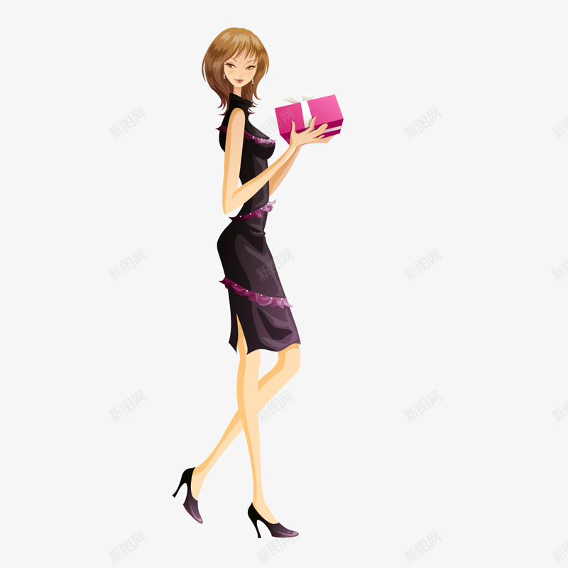 时尚女孩png免抠素材_新图网 https://ixintu.com 包包 卡通 女孩 手绘 简图 粉红色 长裙 黑色