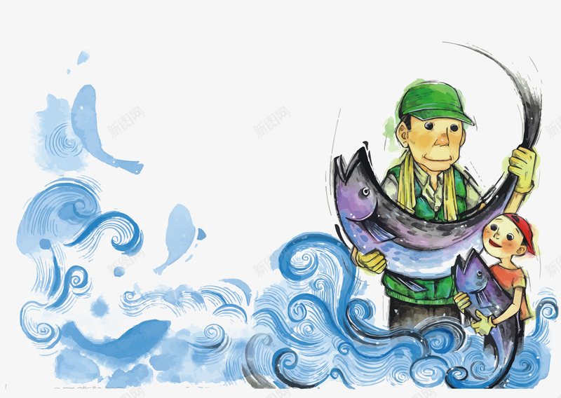 渔民和儿子png免抠素材_新图网 https://ixintu.com 传授捕鱼技巧 大海 手绘 手绘渔业 捕鱼 教育 水彩 渔民 鱼