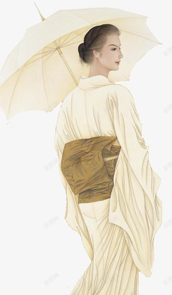 日本女士png免抠素材_新图网 https://ixintu.com 工笔画 气质 留洋 白色伞 米白色 美丽