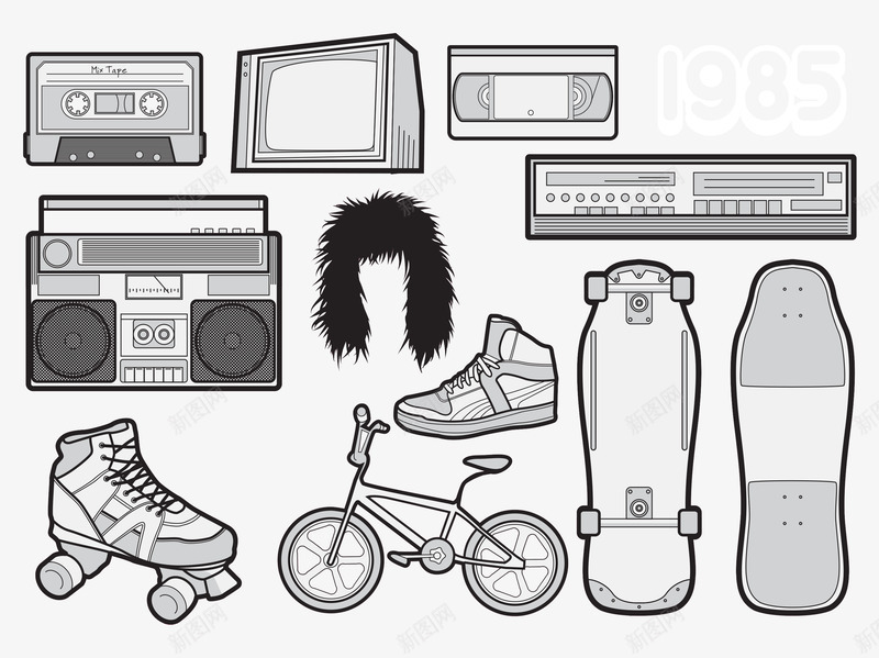 80年代的复古品png免抠素材_新图网 https://ixintu.com 80年代 复古 录音带 录音机 怀旧 手绘 滑板 磁带 线描手绘 自行车 音乐