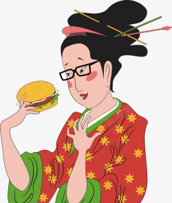 吃汉堡的日本艺伎矢量图素材