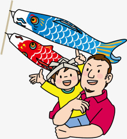 手绘漫画父子与鲤鱼旗素材