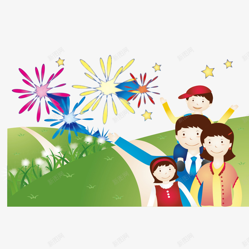 卡通一家人png免抠素材_新图网 https://ixintu.com 一家人 卡通人物 幸福一家人 烟花 矢量人物 矢量家人 矢量草坪
