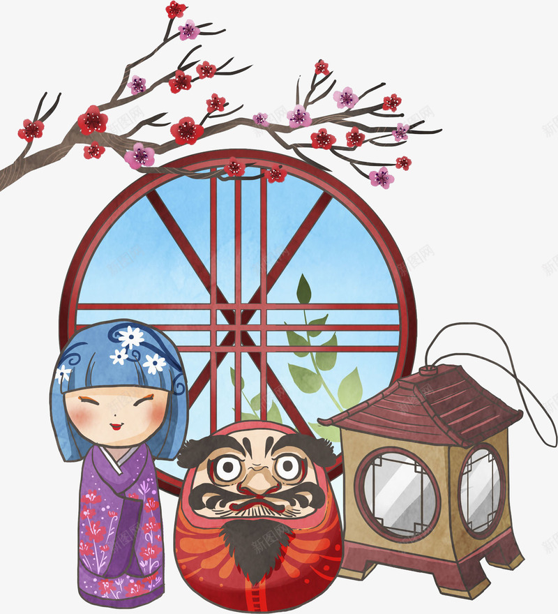 陶瓷娃娃和窗户图png免抠素材_新图网 https://ixintu.com 中国风 古风 叶子 复古 树枝 梅花 水彩 灯罩