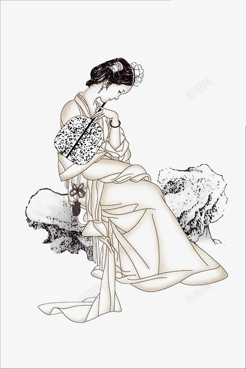 拿着扇子的女人png免抠素材_新图网 https://ixintu.com 古代人 坐在 石头上 穿裙子