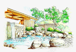 木屋水池石头手绘木屋高清图片