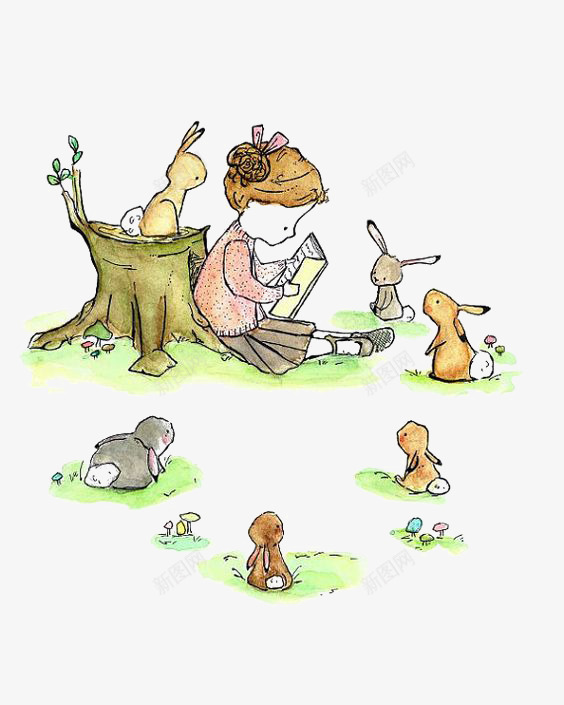 创意插画png免抠素材_新图网 https://ixintu.com 兔子 卡通女孩 手绘女生 教育 树根 读书的女孩