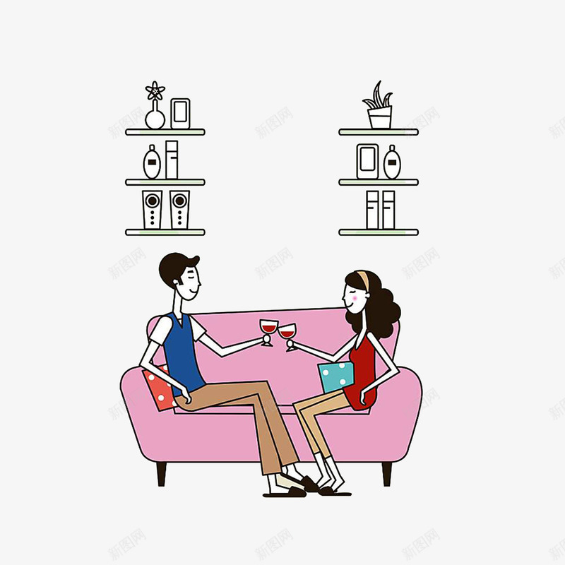 坐沙发上喝红酒的男女png免抠素材_新图网 https://ixintu.com 卡通插画 坐沙发上喝红酒的男女 沙发上的人 粉红沙发