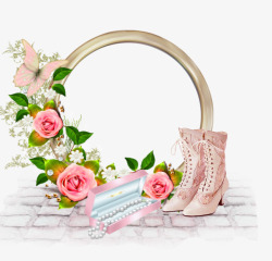 珍珠高跟鞋粉红花朵相框素材