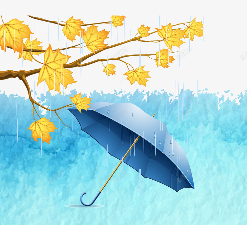 蓝色的伞飘散的落叶psd免抠素材_新图网 https://ixintu.com 下雨天 的伞 蓝色 蓝色的雨水 雨滴装饰 飘散的落叶