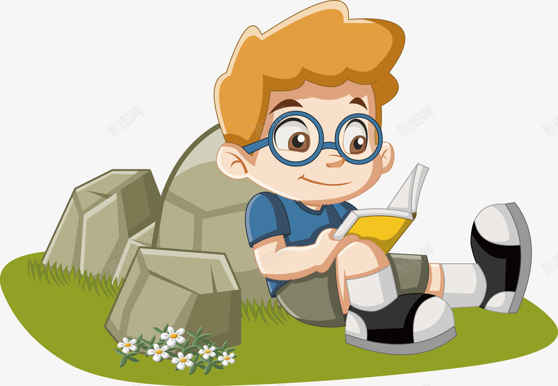坐在草地上看书的小男孩矢量图ai免抠素材_新图网 https://ixintu.com 小男孩 看书 石头 矢量图