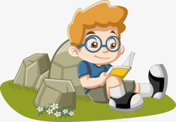 躺在草地上的小男孩坐在草地上看书的小男孩矢量图高清图片