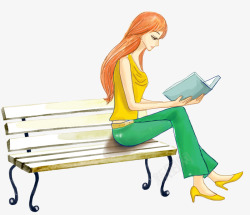 坐在长椅上看书的女孩素材