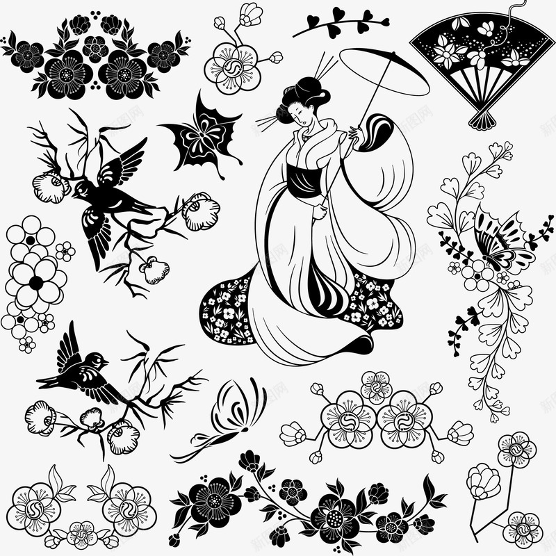 撑着伞的日本女人png免抠素材_新图网 https://ixintu.com 伞 日本女人 花纹 鸟