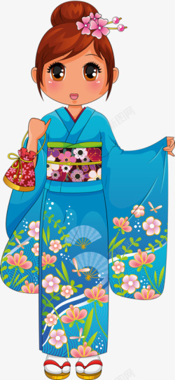 蓝色和服手绘和服日本小姑娘高清图片