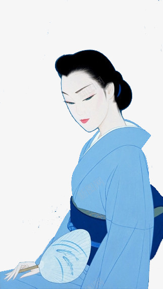拿扇子的女人png免抠素材_新图网 https://ixintu.com 和服 团扇 手绘女人 插画 日本 蓝色