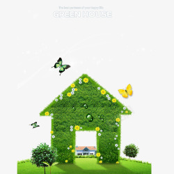绿色抽象房屋和蝴蝶售房广告背景素材