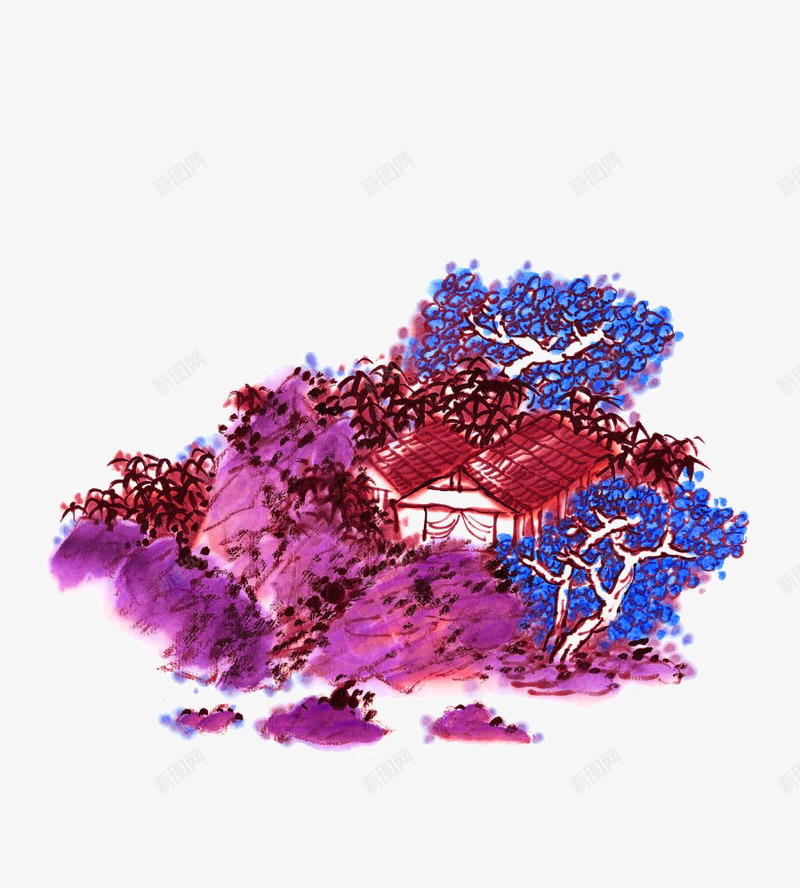 树木房屋png免抠素材_新图网 https://ixintu.com 卡通 房屋 手绘 树木 棕色 石头 简图 蓝色