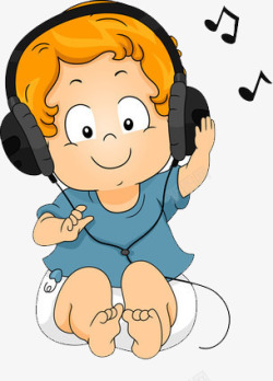 黄色兔耳卡通版的幼儿戴着耳机在听音乐高清图片