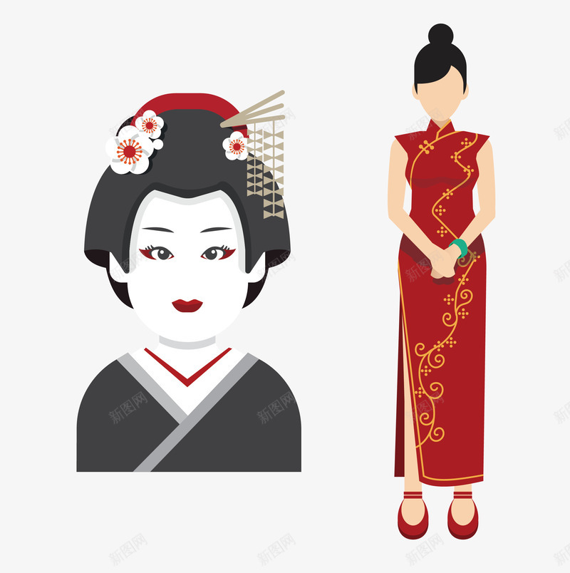 中式旗袍女子与日本艺妓png免抠素材_新图网 https://ixintu.com 中国风 和服 旗袍