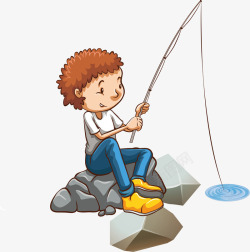 野外石头河边钓鱼快乐儿童野外游玩素高清图片