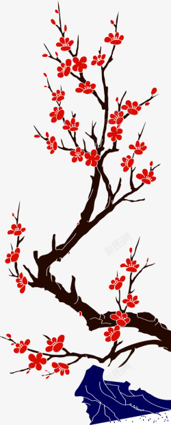 大红色梅花大红色手绘梅花树枝高清图片