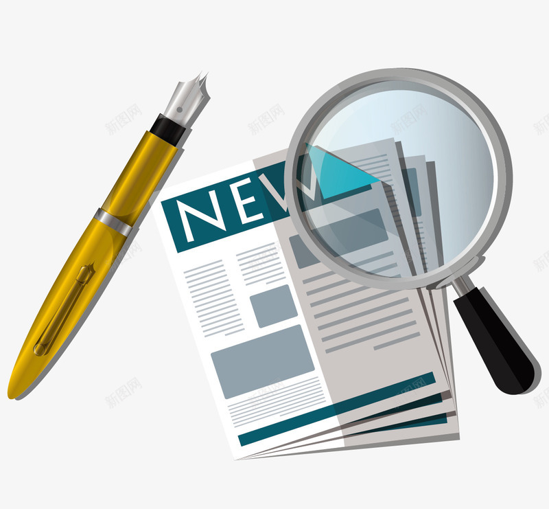 报纸和金色钢笔矢量图ai免抠素材_新图网 https://ixintu.com 学习矢量素材 报纸 放大镜 教育学习用品 矢量学习钢笔 矢量报纸 金色的钢笔 钢笔 矢量图