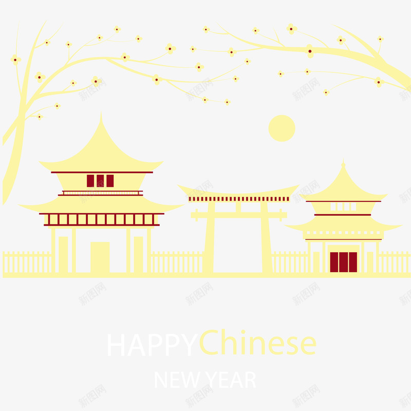 中国新年和景观背景矢量图ai免抠素材_新图网 https://ixintu.com 中国新年 建筑 景观 树枝 梅花 量背景 矢量图