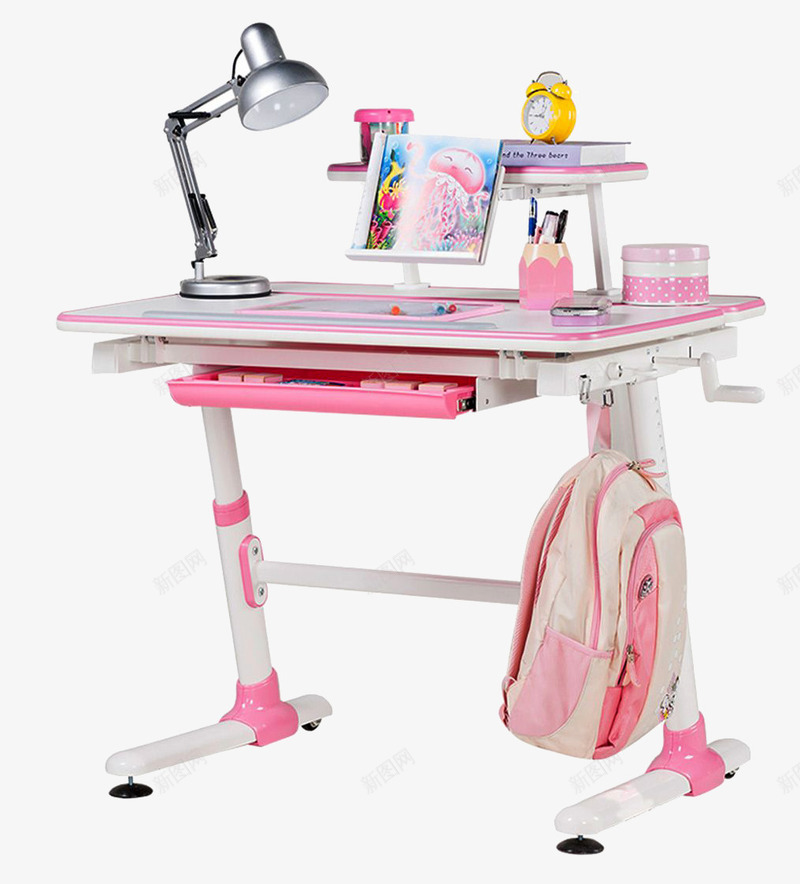 儿童书桌png免抠素材_新图网 https://ixintu.com 书包 套装 学习 学习桌椅 粉红 课桌