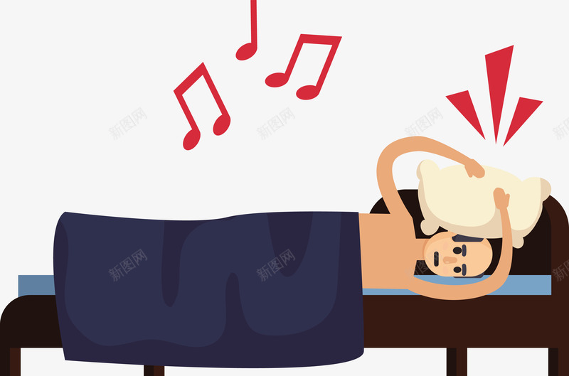 一个被音乐吵的睡不着的男子矢量图eps免抠素材_新图网 https://ixintu.com 吵闹PNG 失眠 失眠男子 男子 男子PNG 音乐吵闹 矢量图