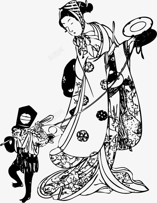 日本民族和服人物png免抠素材_新图网 https://ixintu.com 和服 日本文化 日本民族和服人物 黑白手稿 黑白装饰