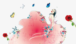 玫瑰花裙子卡通手绘看向天空的女人蝴蝶高清图片