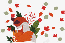 落叶背景狐狸母子矢量图素材